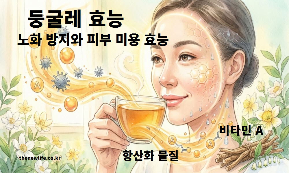 둥굴레 차 효능이 노화를 방지하고 피부 미용을 돕는 것을 설명하는 이미지
