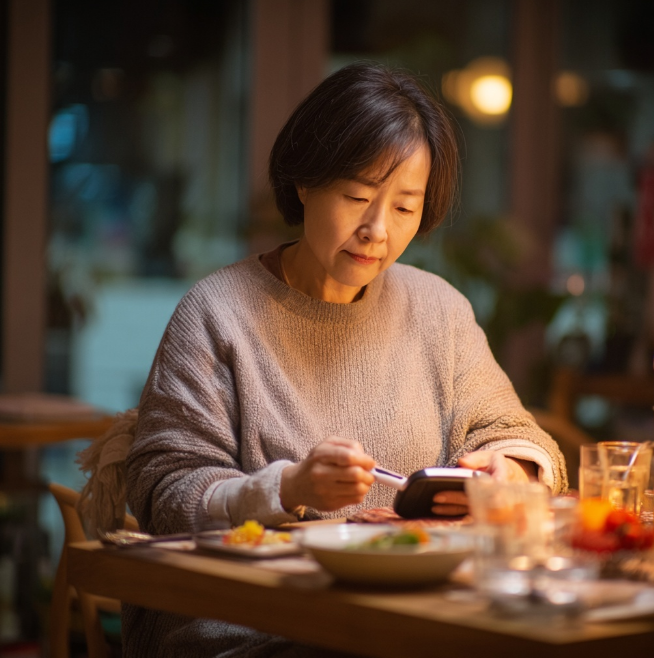 혈당계로 피검사를 하는 할머니