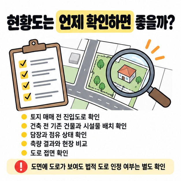 토지 매매와 건축 전 현황도를 확인하는 상황을 설명한 이미지