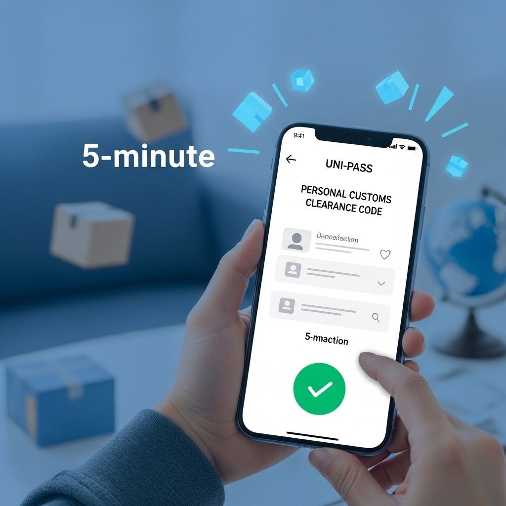 스마트폰으로 관세청 유니패스 앱을 통해 개인통관고유부호를 5분 만에 쉽고 빠르게 확인 및 관리하는 모습, 성공적인 통관을 상징하는 밝은 파란색 화면.