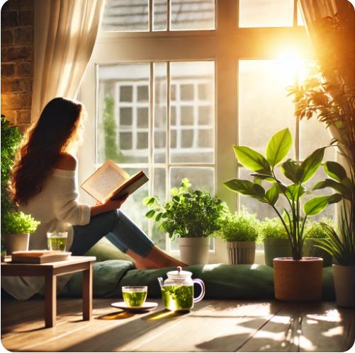자연광을 받기 위해 창가에서 독서 중인 성인 여성의 사진