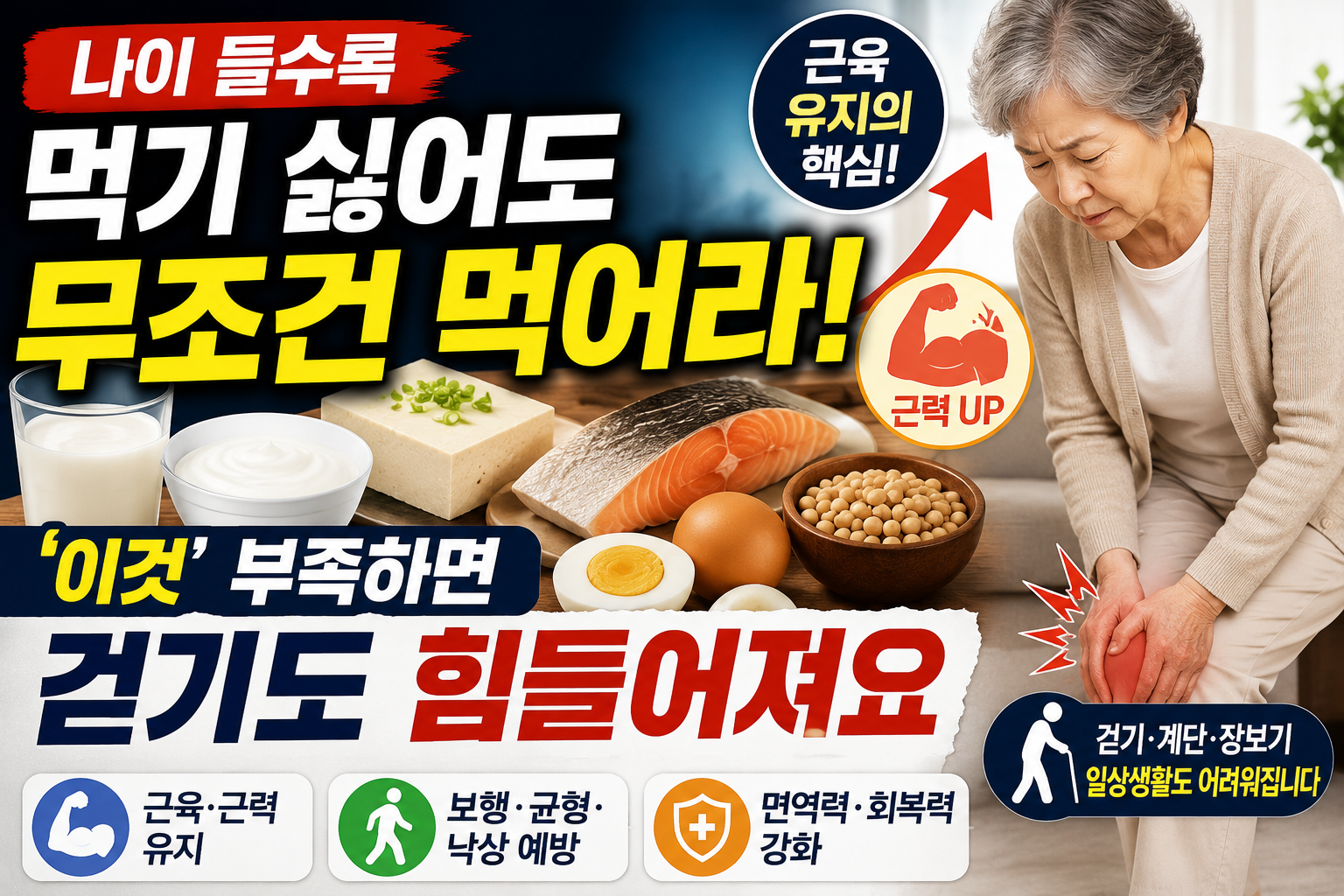 고령층이 단백질 식품인 우유, 달걀, 생선, 두부를 챙겨 먹으며 근육과 걷기 능력을 지키는 건강 정보 이미지