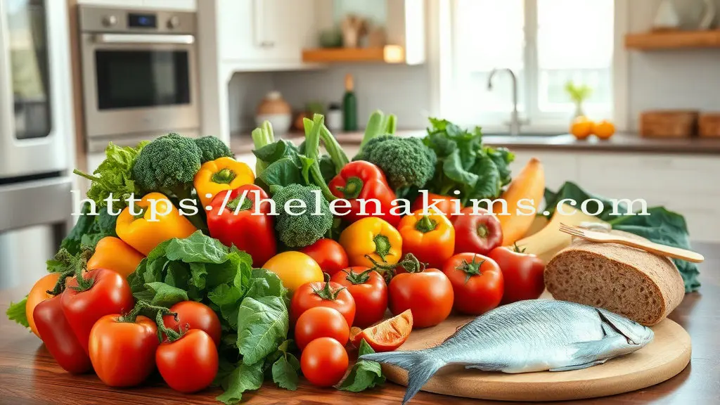 깨끗한 주방 식탁 위에 신선한 채소와 과일 그리고 통밀빵과 등푸른 생선이 놓여 있는 모습.