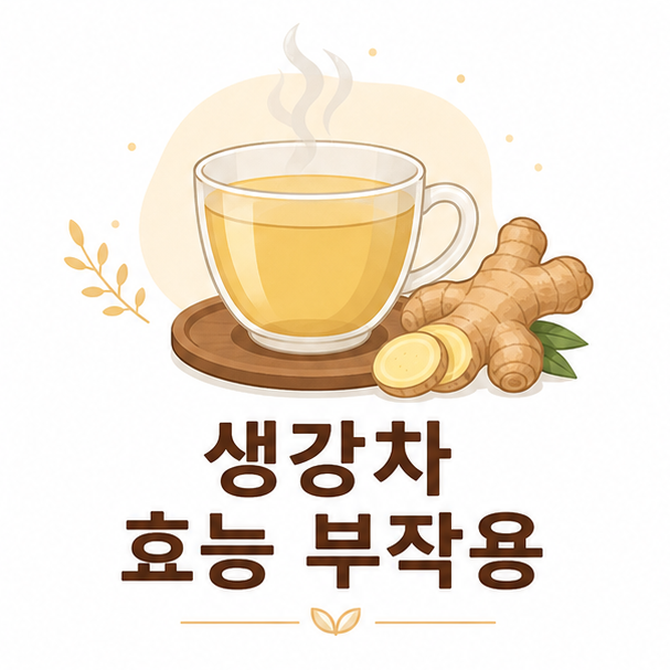 따뜻한 생강차 한 잔과 생강 뿌리를 함께 배치한 생강차 효능과 부작용 안내
