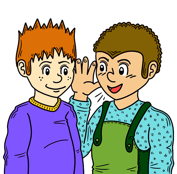 남자 친구들이 귓속말을 한다. 갈색머리 남자아이 귀에 고동색 머리를 가진 친구가 속삭인다.