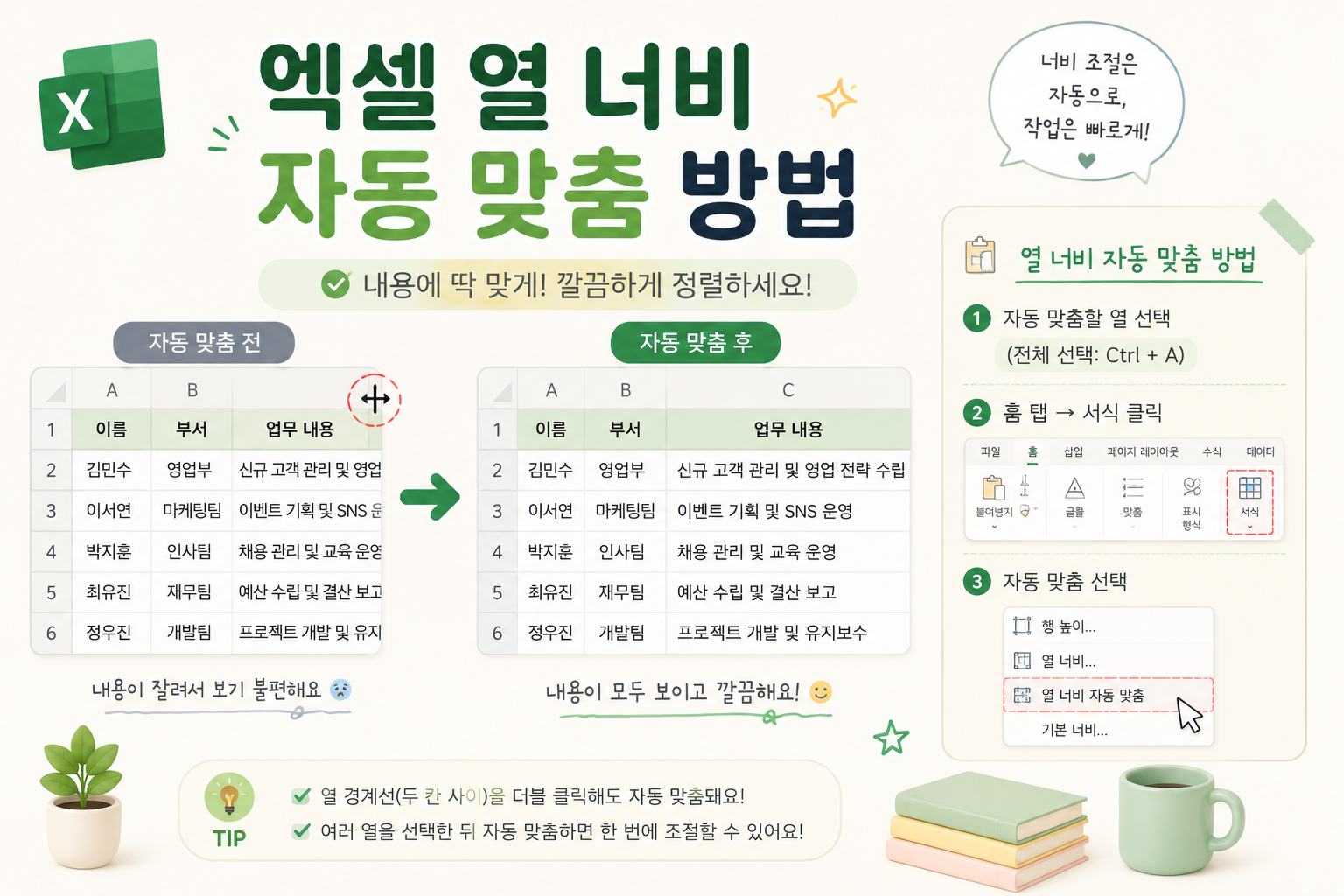 엑셀 열 너비 자동 맞춤 방법