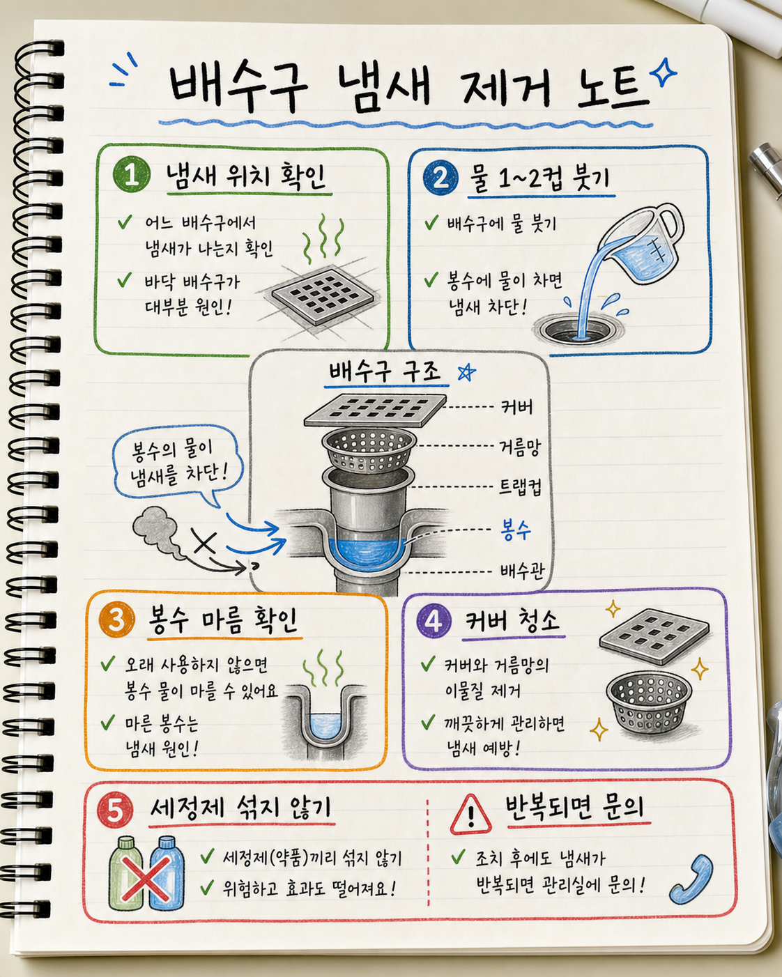 화장실 배수구 냄새 제거 순서와 봉수 구조를 정리한 손글씨 요약 노트