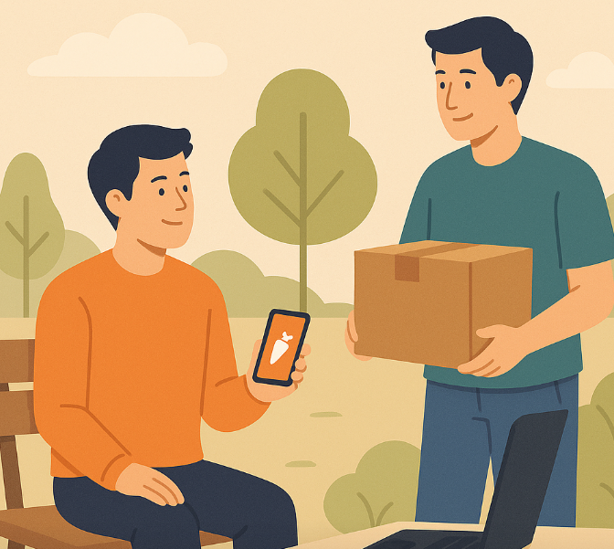 공원에서 두 남성이 당근으로 중고거래하는 이미지