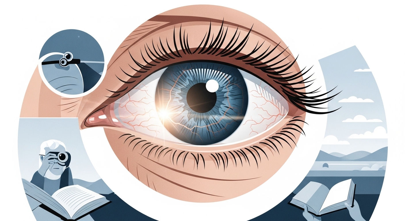 노인의 선명하고 건강한 눈을 클로즈업한 일러스트. 눈의 황반과 렌즈가 빛나며 시력 건강을 상징합니다.