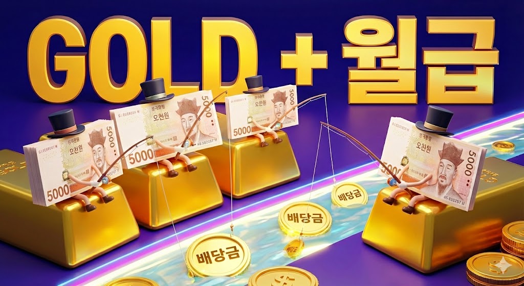 반짝이는 황금바(Gold Bar) 위에 신사 모자를 쓴 5,000원권 지폐 캐릭터들이 일렬로 앉아 낚시를 하듯 배당금을 낚아 올리는 모습. 배경에는 '금 투자 + 월급 배당'이라는 문구가 입체적으로 강조된 미래지향적인 일러스트