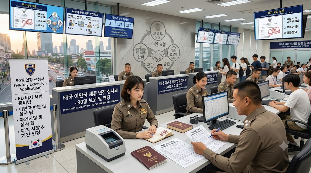 방콕 쨍왓타나 정부청사 제1이민국 비자 연장 대기 창구 전경