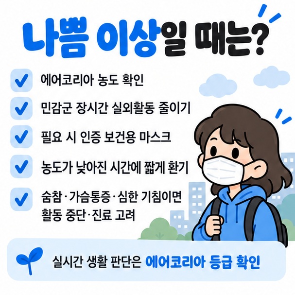 미세먼지 나쁨 이상일 때 대기질 확인 민감군 활동조절 보건용 마스크 환기 증상 확인을 정리한 이미지