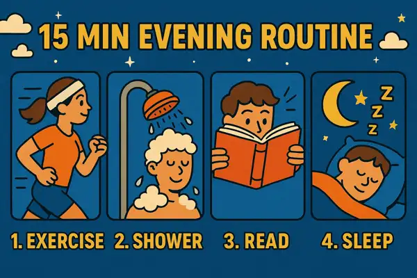 15분 저녁 루틴을 4단계로 구성한 일러스트 &mdash; 운동, 샤워, 독서, 수면으로 이어지는 플랫 아이콘과 텍스트 구성