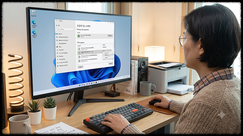 Windows 11 인쇄 대기열에서 멈춘 문서를 취소하는 모습