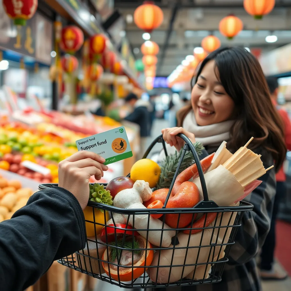 전통 시장이나 대형 마트의 활기찬 풍경 속에서, 한 손에는 지원금 카드를 들고 다른 손으로는 신선한 제수용품(과일, 고기, 해산물 등)을 장바구니에 담는 사람의 모습이 클로즈업됩니다. 장바구니가 풍성하게 채워지는 모습으로 만족감을 표현합니다.