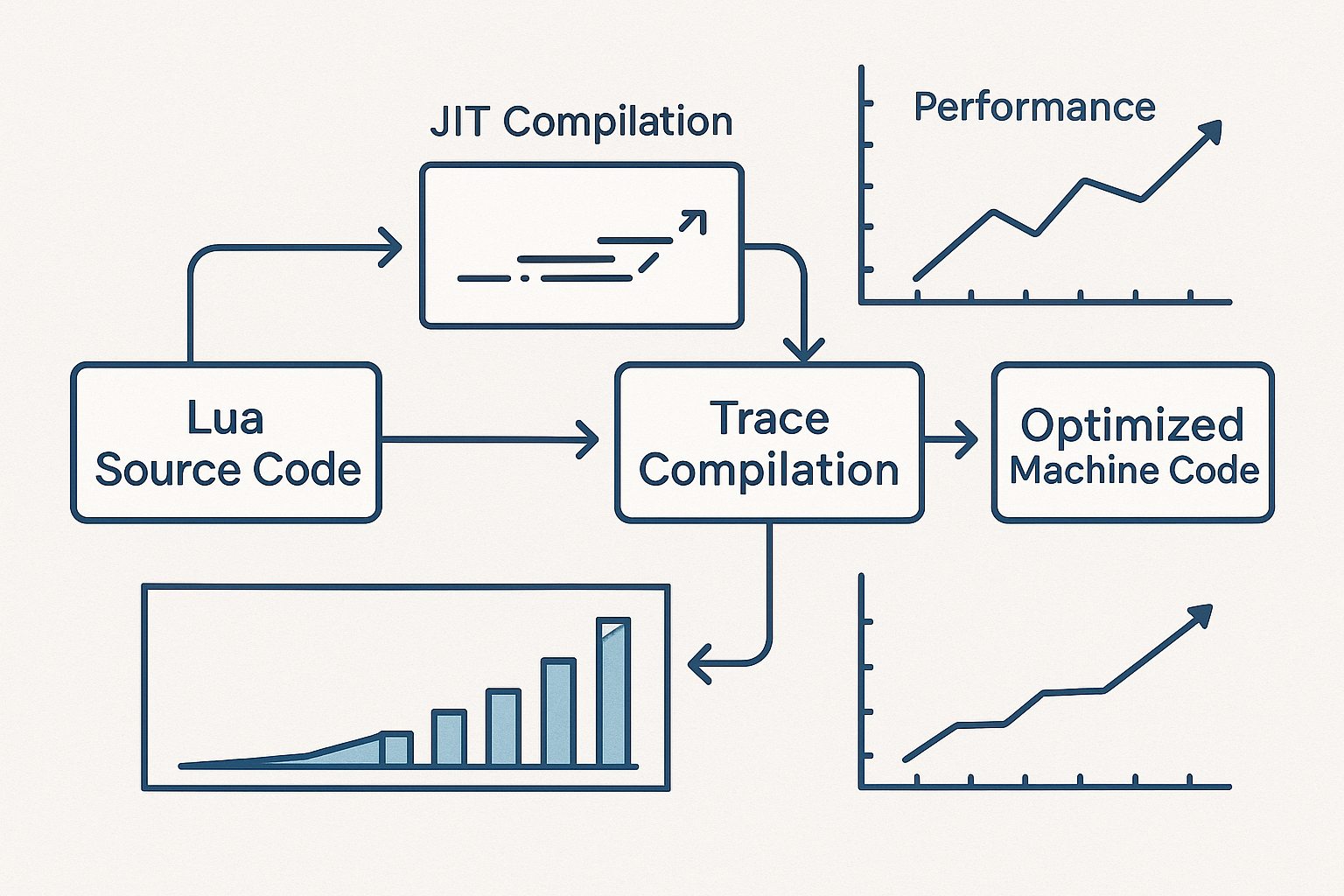 LuaJIT JIT 컴파일 과정 다이어그램 - 바이트코드에서 최적화된 머신코드 생성