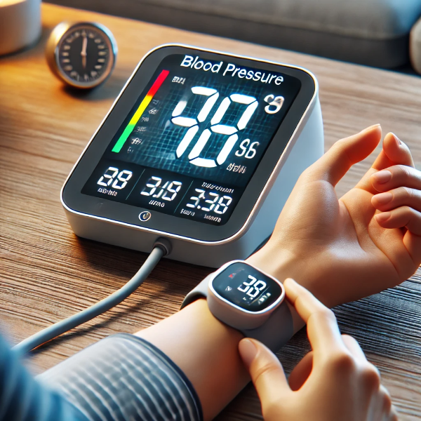 높은 혈압 수치를 보여주는 혈압계와 걱정하는 사람