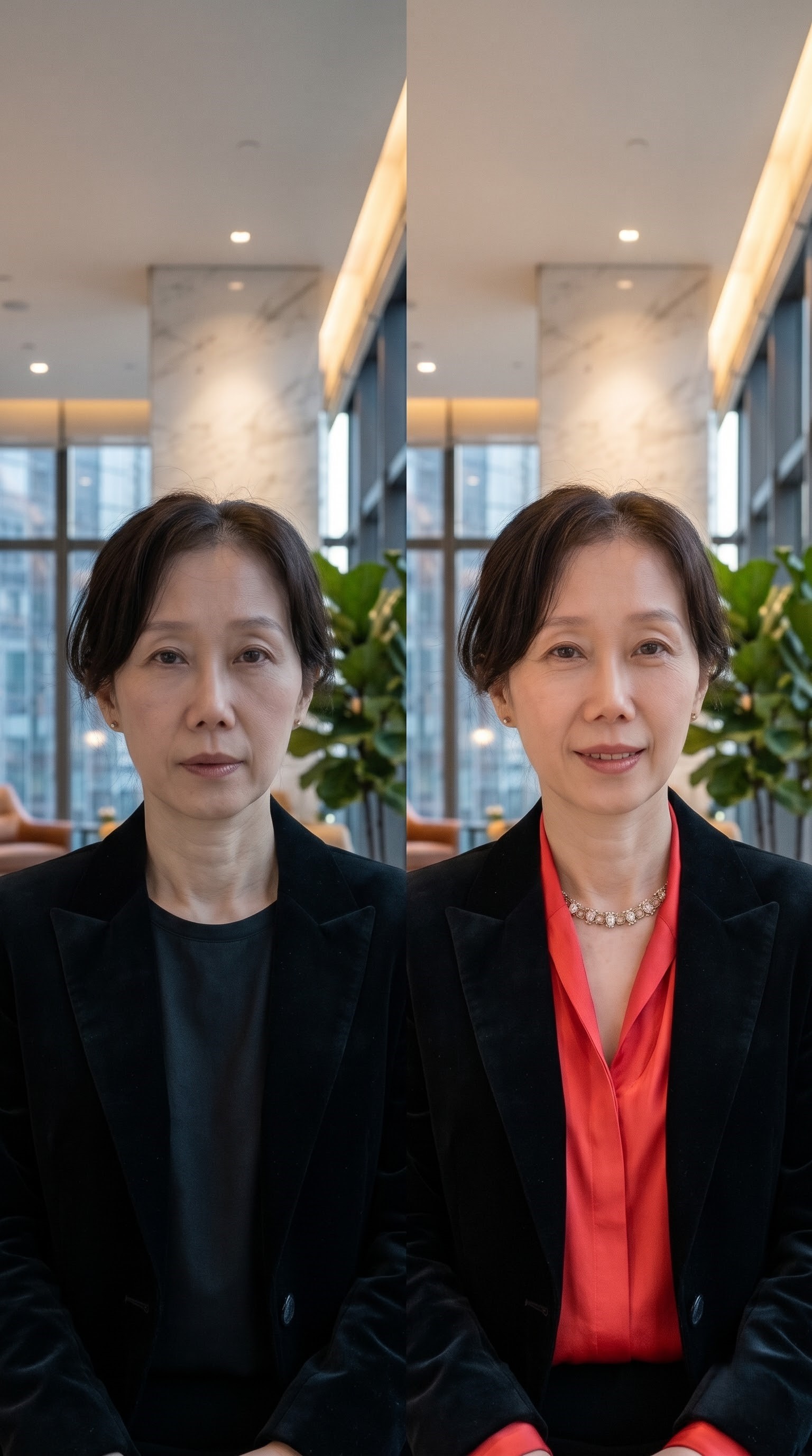 칙칙한 올블랙 코디와 밝은 이너를 더한 코디의 비교 이미지

내용: 이너 한 겹만 밝게 바꿔도 얼굴빛이 달라집니다. 어두운 톤 일색은 이제 그만하세요.