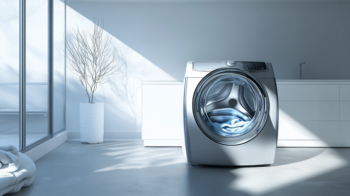 대용량 세탁물이 가능한 모던한 세탁실의 세련된 통합 세탁기와 건조기가 있는 풍경