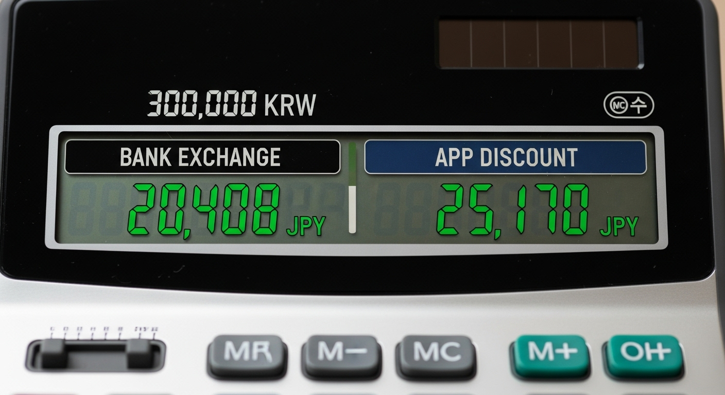 Calculator screen showing 300,000 KRW exchange bank gets 20,408 JPY, app discount gets 25,170 JPY comparison image.