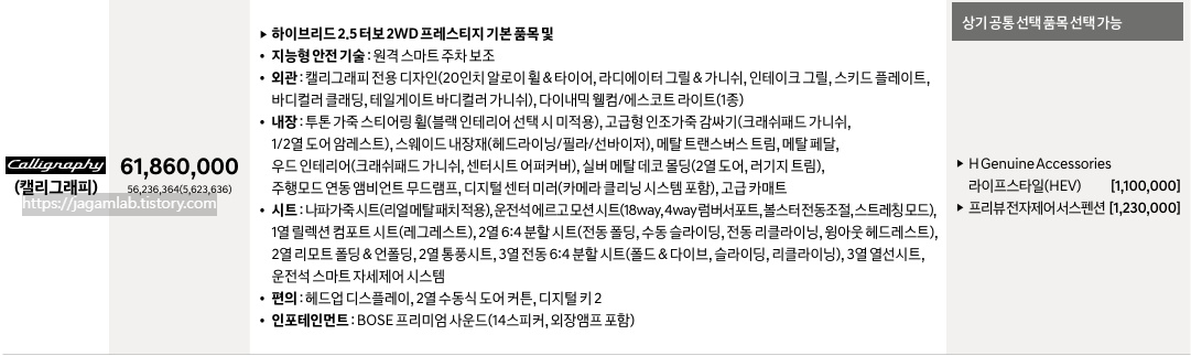 디 올 뉴 팰리세이드 하이브리드 9인승 캘리그래피 가격표