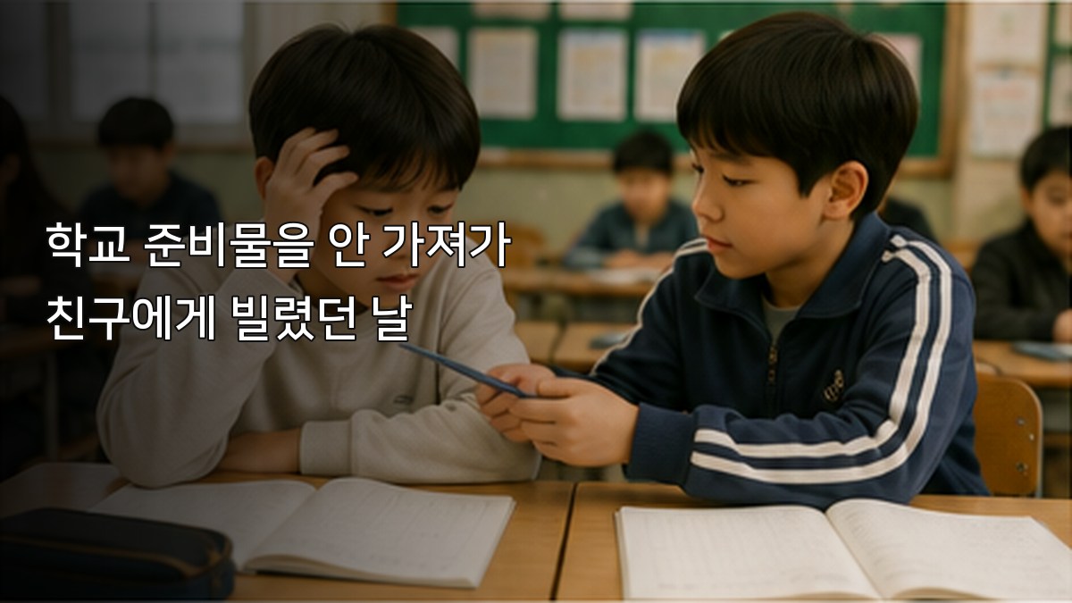 교실 책상에서 한 학생이 난처한 표정을 짓고 옆자리 친구가 필기구를 건네는 모습