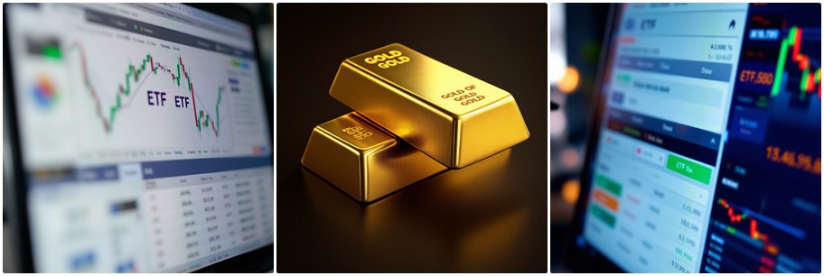 ETF 시장 차트와 실시간 주가 흐름, 안전자산으로 주목받는 금 골드바 이미지, 주식 투자 플랫폼 화면에 표시된 ETF 종목들