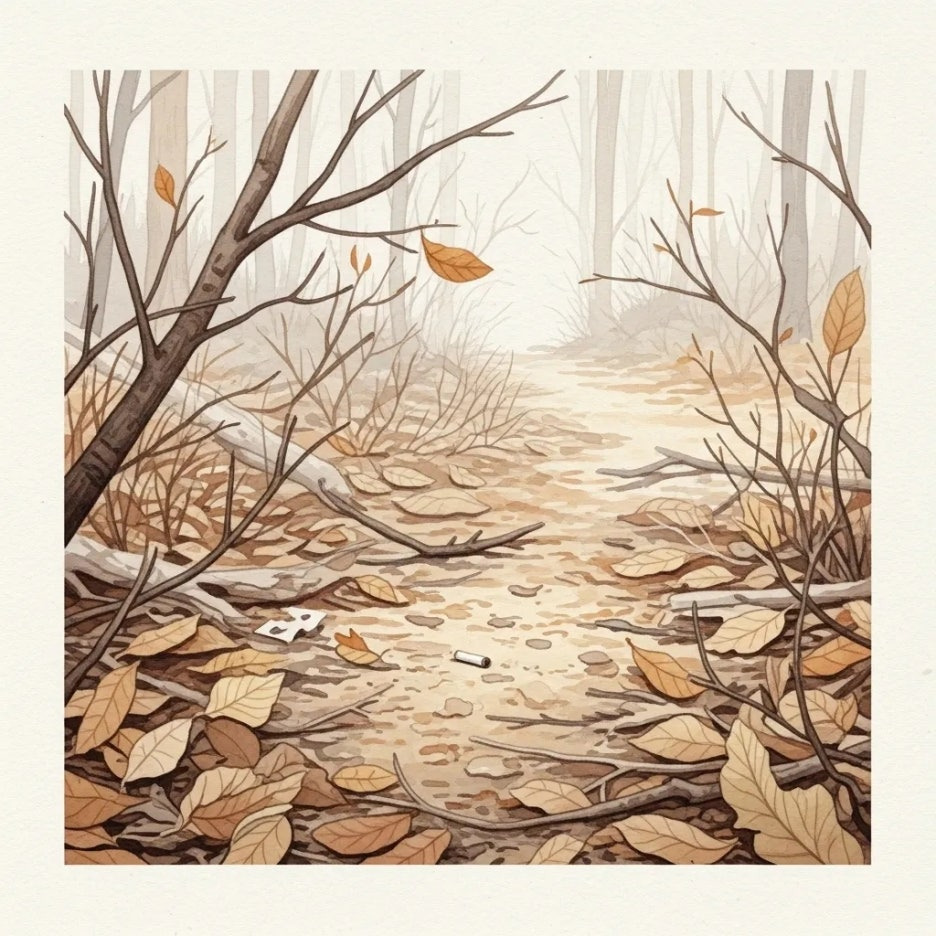 마른 숲 바닥에 놓인 작은 불씨의 모습