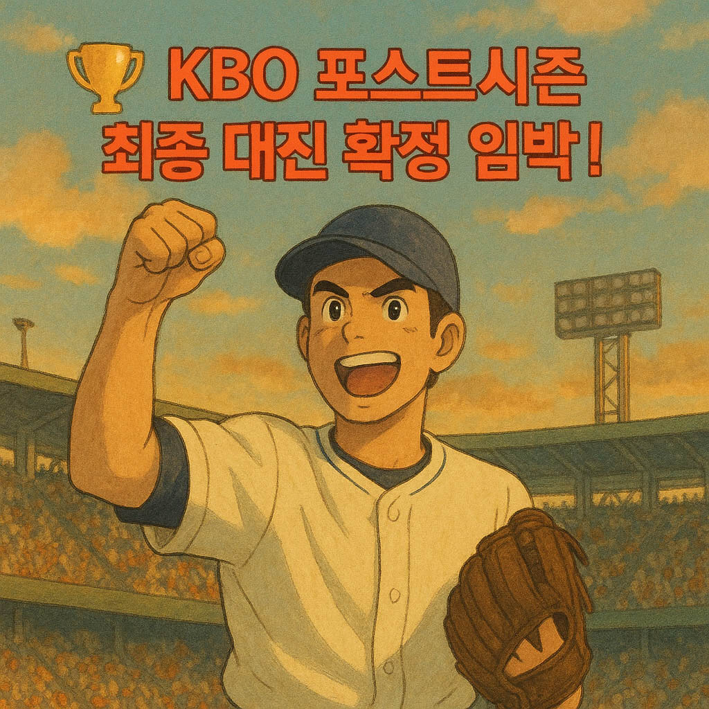 "지브리풍으로 그려진 야구선수가 야구장 관중석을 배경으로 주먹을 불끈 쥐고 환호하는 모습. 상단에는 붉은 글씨로 '🏆 KBO 포스트시즌 최종 대진 확정 임박!'이라는 문구가 적혀 있으며, 가을야구를 앞둔 긴장감과 열정을 상징적으로 표현한 일러스트"