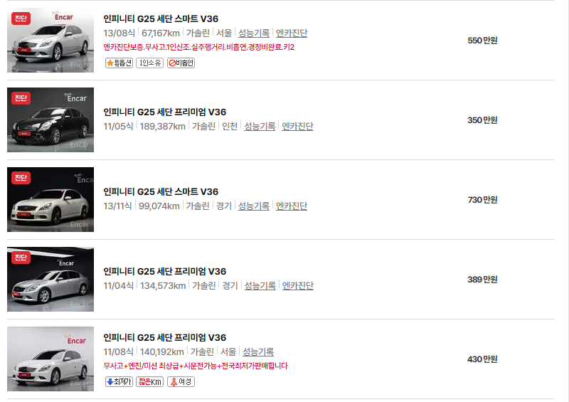 인피니티 G 중고차 가격 시세표 연비