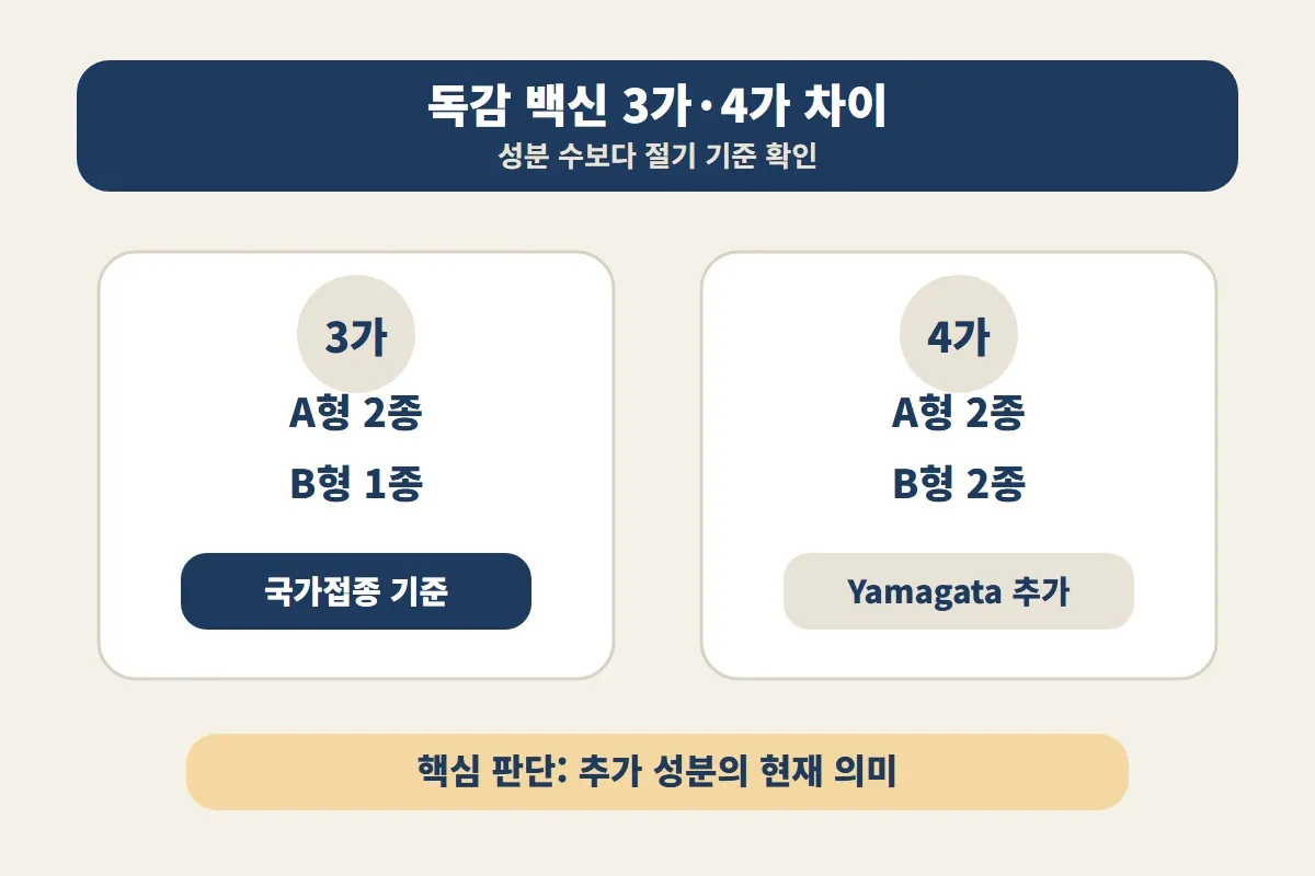 독감 백신 3가 4가 차이에서 A형과 B형 구성 차이와 추가 성분의 현재 의미를 비교해 판단하도록 정리한 이미지