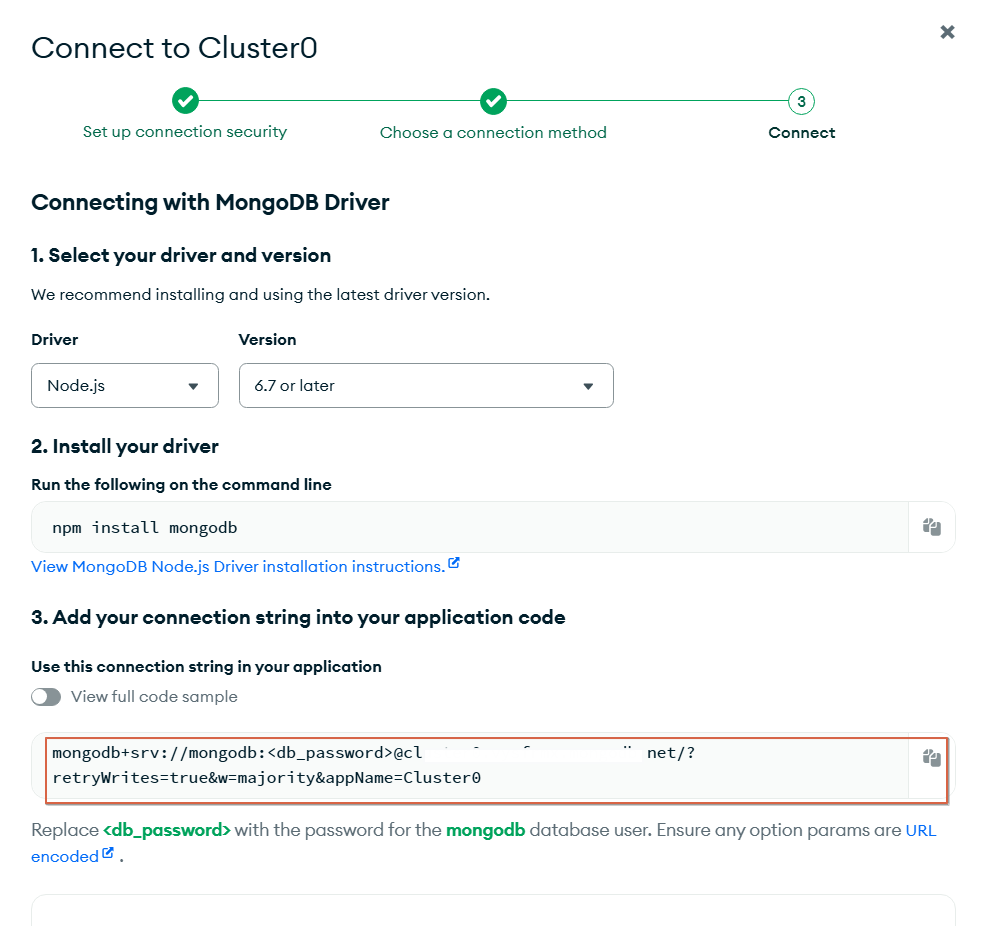 mongodb connect to cluster 연결정보 소스 코드가 나오는 이미지