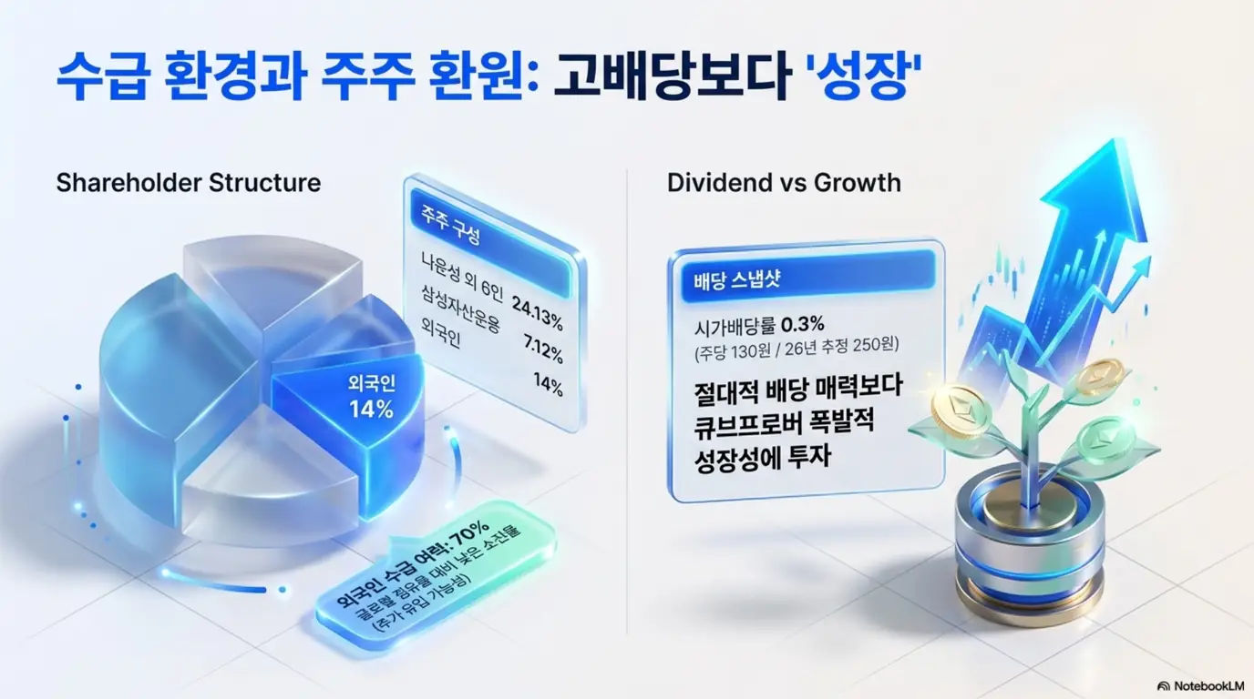 테크윙 주가 전망: 테크윙의 수급 환경과 주주환원을 정리한 이미지. 나윤성 외 6인 24.13%&middot;삼성자산운용 7.12%&middot;외국인 약 14% 주주 구성과 외국인 유입 여력&amp;#44; 시가배당률 0.3%(주당 130원&amp;#44; 2026년 추정 250원) 배당 정보를 시각적으로 전달하며&amp;#44; 테크윙 배당금과 수급 주제를 설명함