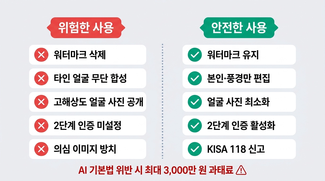 갤럭시 S26 AI 이미지 생성 안전 사용 5가지 수칙과 딥페이크 위험 요소 비교 인포그래픽