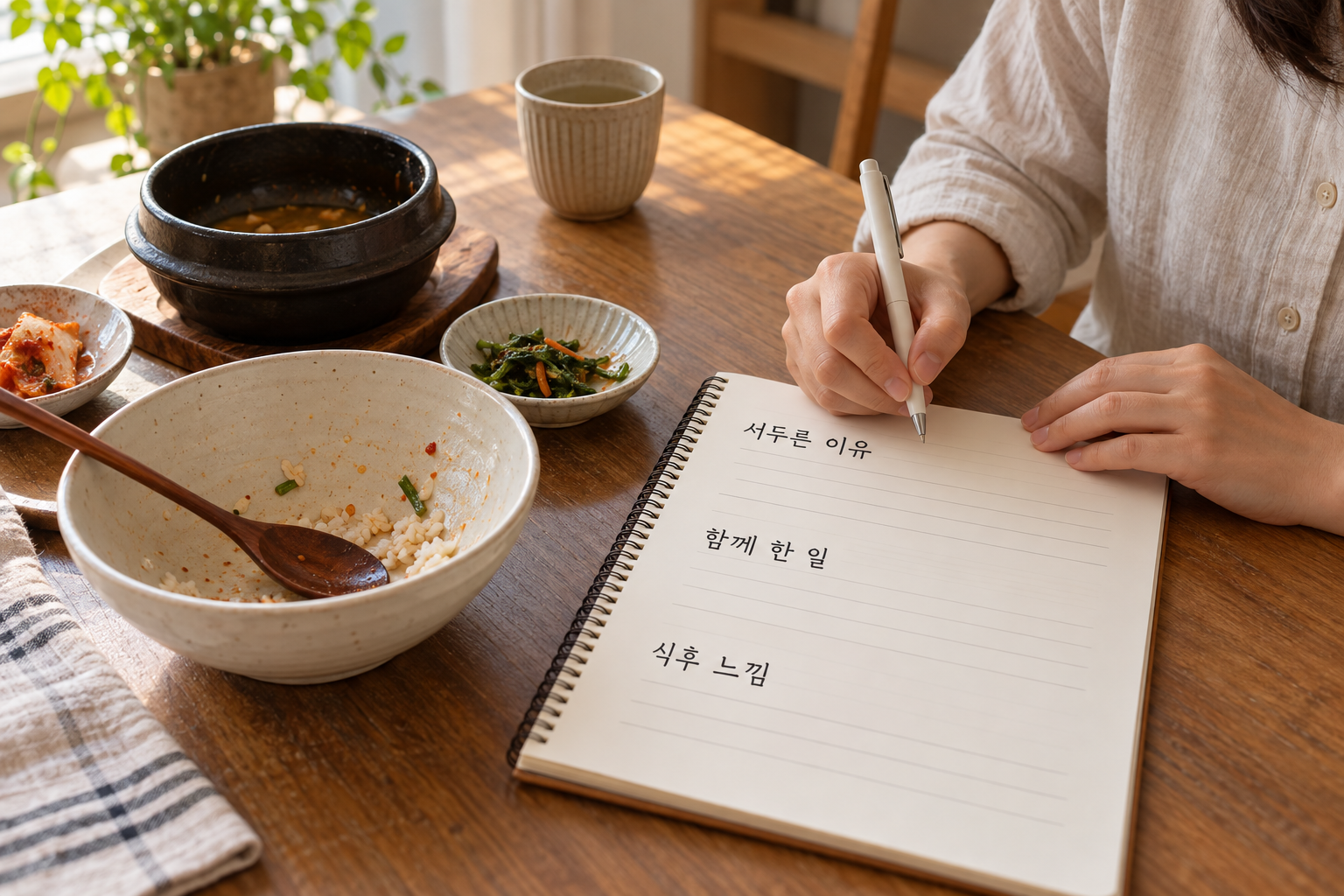 식사 후 서두른 이유와 함께 한 일, 식후 느낌을 짧게 적는 모습