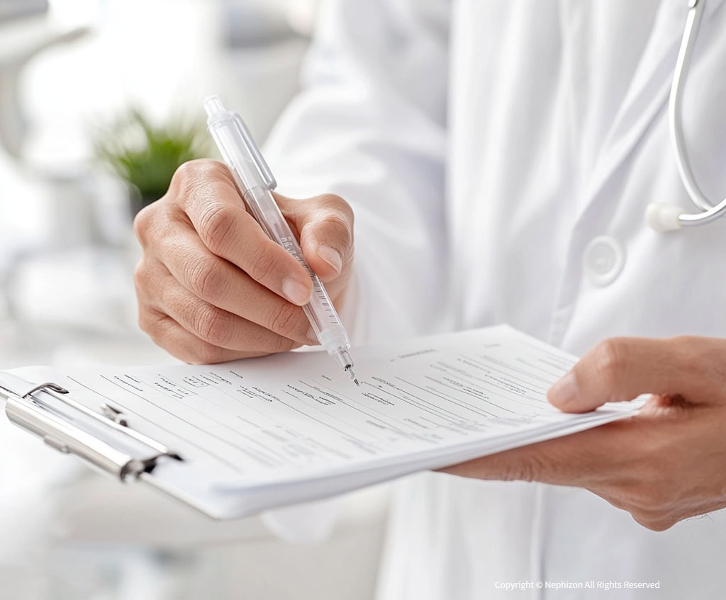 이비인후과에서 어지럼증 진료 후 차트를 기록하는 의사