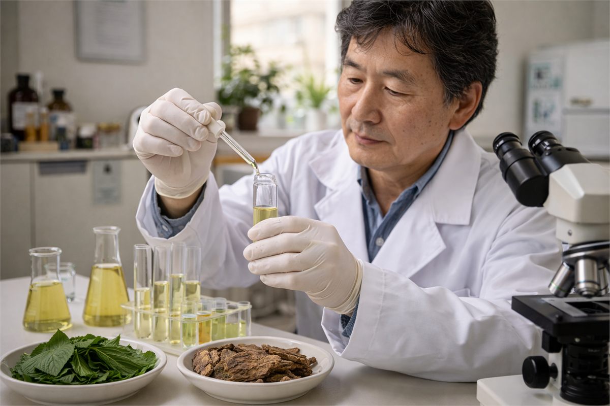 엄나무 추출물 연구를 진행하는 한국인 연구자의 실험 장면 