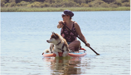 물위에서 반려견과 배타는 모습