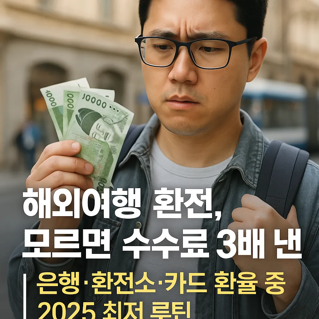 해외여행 중 환전 수수료를 확인하며 고민하는 한국인 남성