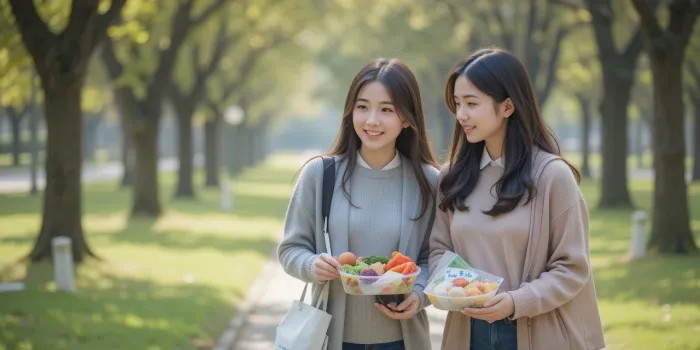 도시락을 들고 공원 산책 중인 건강한 친구