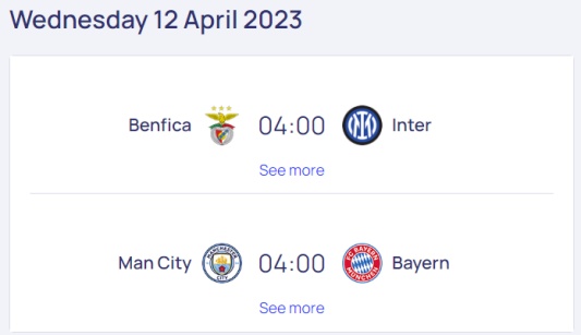 UEFA 챔피언스리그 8강 경기 일정 벤피카 인터밀란, 맨체스터 시티 바이에른 뮌헨