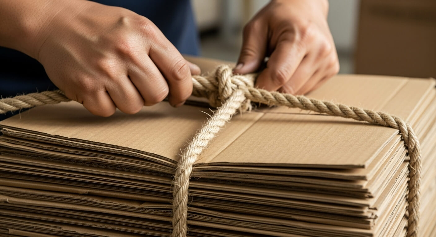 작업자가 굵은 끈으로 골판지를 묶는 손 클로즈업