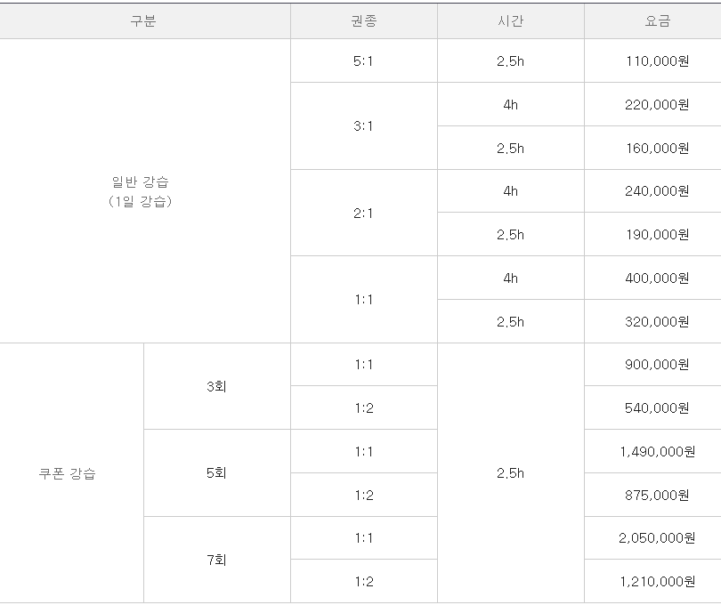 스키/ 보드 스쿨 강습 요금