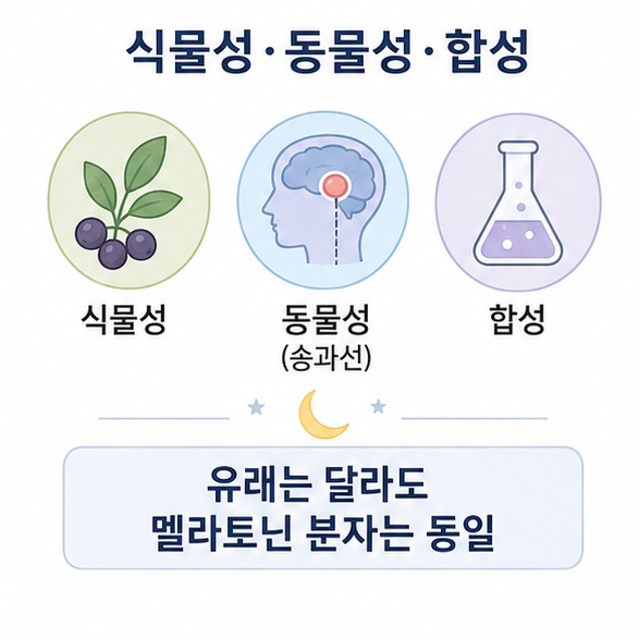 식물성·동물 유래·합성 멜라토닌은 원료를 얻는 방식은 다르지만 멜라토닌 분자 자체는 같다는 점을 비교한 이미지