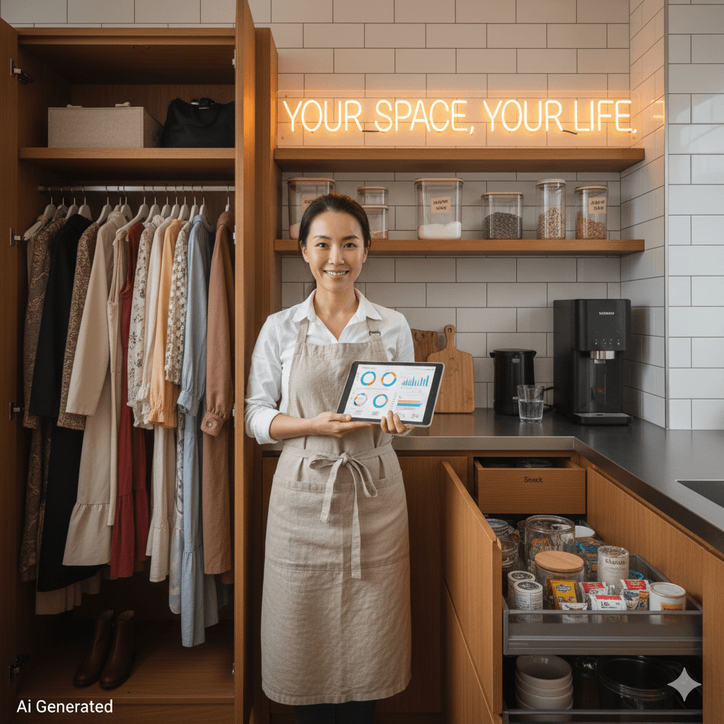 정리 전문가가 주방과 옷장이 효율적으로 설계된 공간에서 태블릿을 들고 설명하는 모습