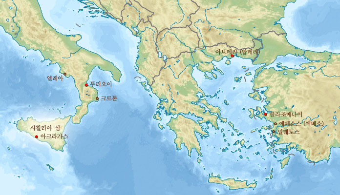 아크라가스, 클라조메나이, 아브데라의 위치 지도