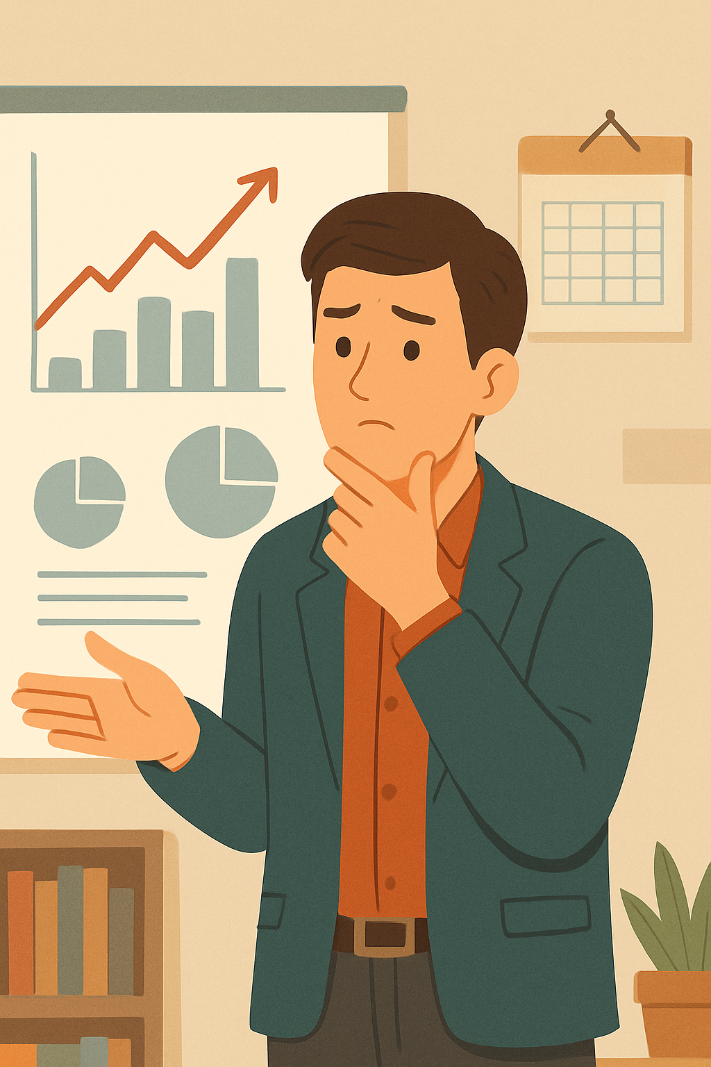 젊은 남성이 회의실에서 프레젠테이션 중이며, 차트와 파이그래프가 보드에 그려져 있다. 그는 한 손으로 턱을 괸 채 신중하게 설명 중이고, 배경은 책장과 캘린더가 있는 사무 공간이다.