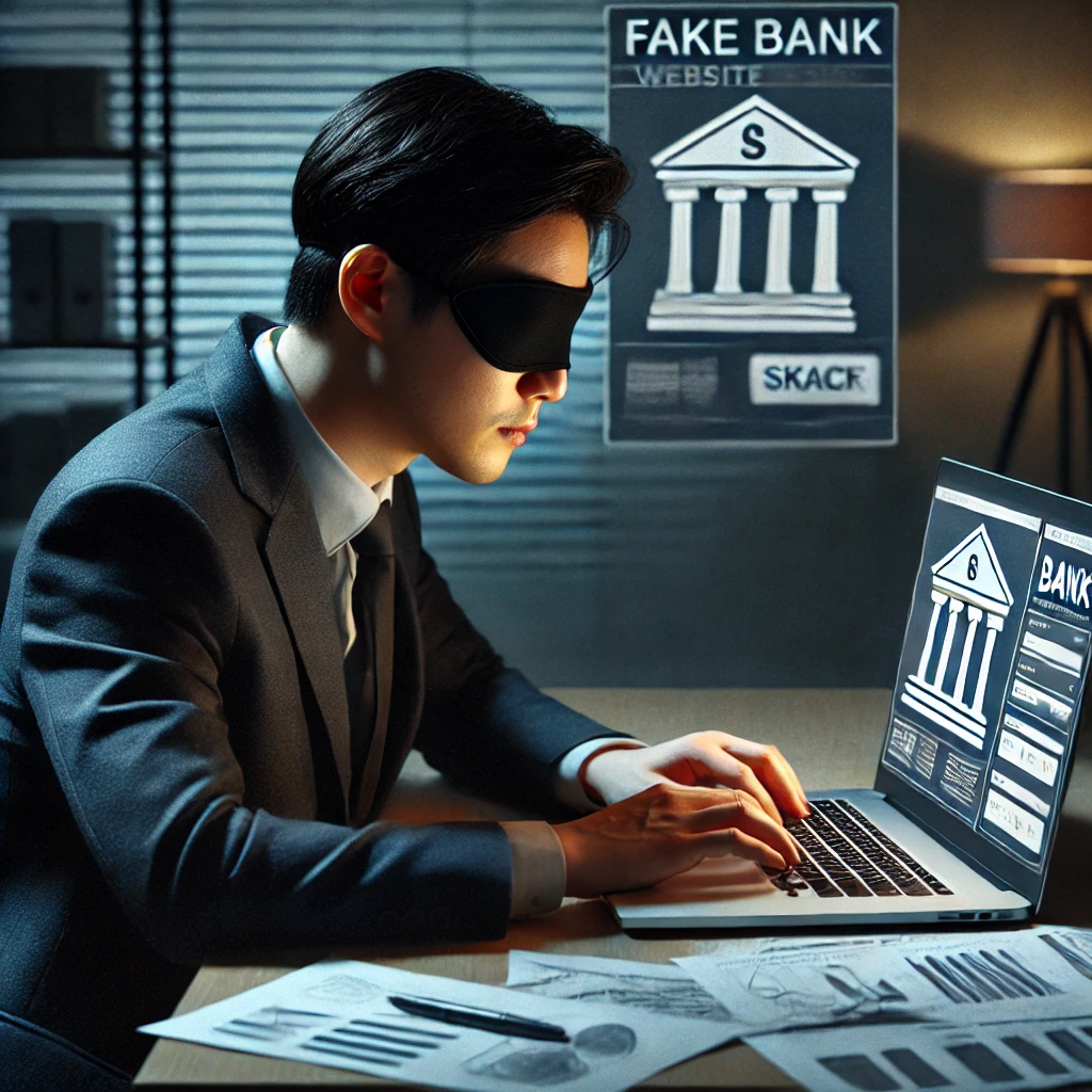 한국 남성이 어두운 방에서 노트북으로 가짜 은행 웹사이트를 제작하는 장면, 테이블에는 메모와 스케치가 흩어져 있음