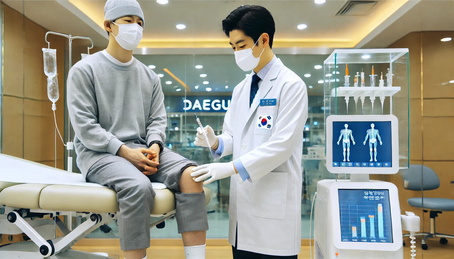대구의 현대적인 의료 클리닉에서 의사가 환자의 무릎에 프롤로 주사를 놓는 모습.