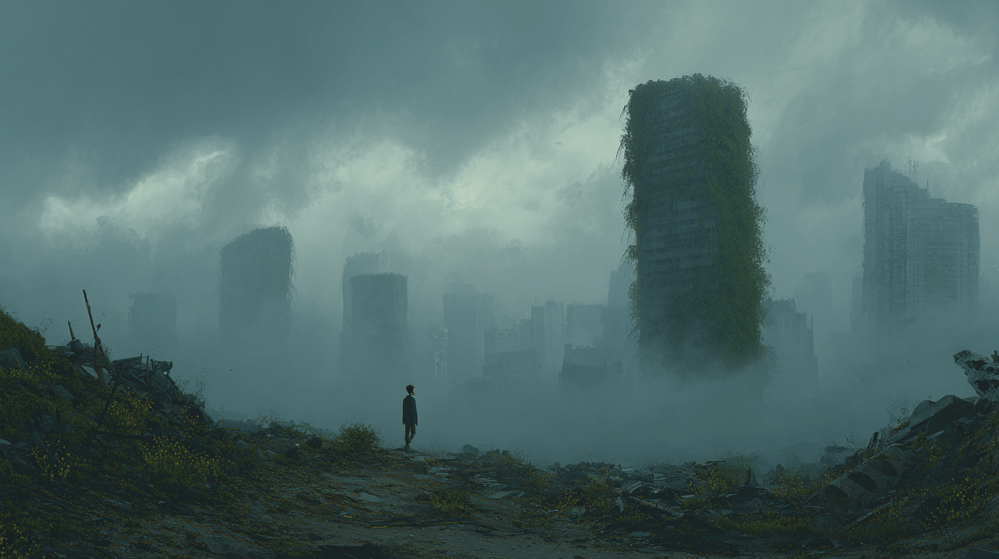 폐허가-된-도심의-한가운데-서-있는-사람